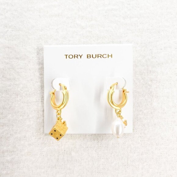 Tory Burch Women's Kira Charm Mismatched Drop Earrings in Rolled Brass Gold OS - Picture 1 of 12